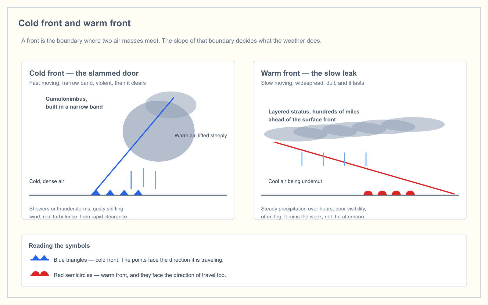 A side-by-side diagram of a cold front and a warm front. The cold front shows a steep boundary with towering cumulonimbus and heavy showers over a narrow band; the warm front shows a shallow boundary with layered stratus extending far ahead of the surface position, and steady precipitation. Below, the blue triangle and red semicircle chart symbols are explained.