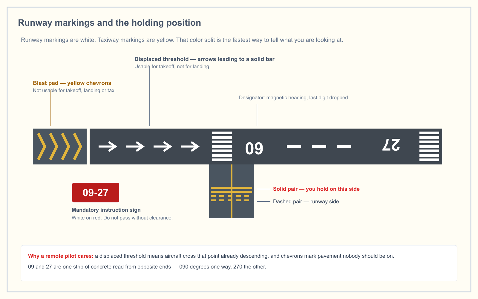 A runway diagram showing threshold bars, the runway designator, aiming point markings, displaced-threshold chevrons pointing toward the usable runway, and a taxiway holding position marking with its mandatory sign.