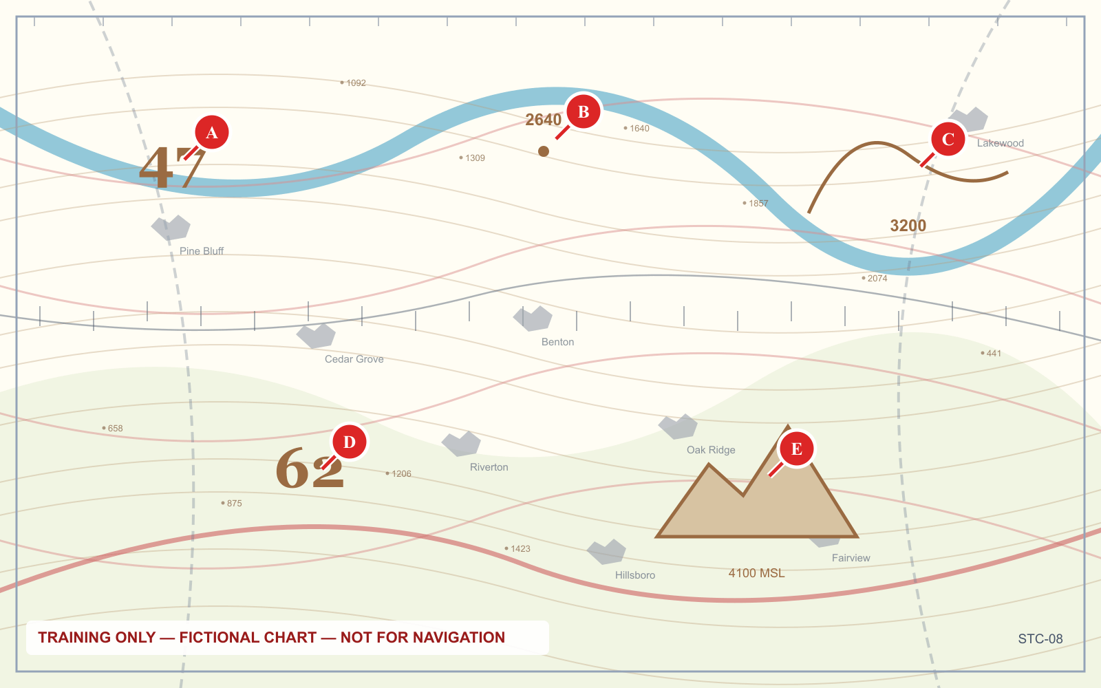 A training chart panel showing graduated terrain tinting with large maximum elevation figures printed across the quadrangles.