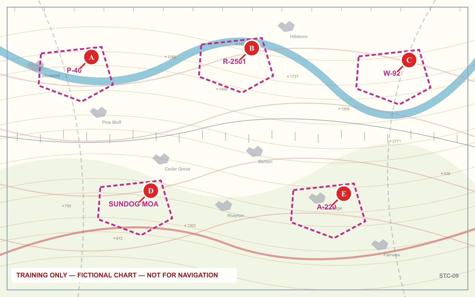 A training chart panel showing prohibited, restricted, warning and alert areas alongside a military operations area, each with its identifier.