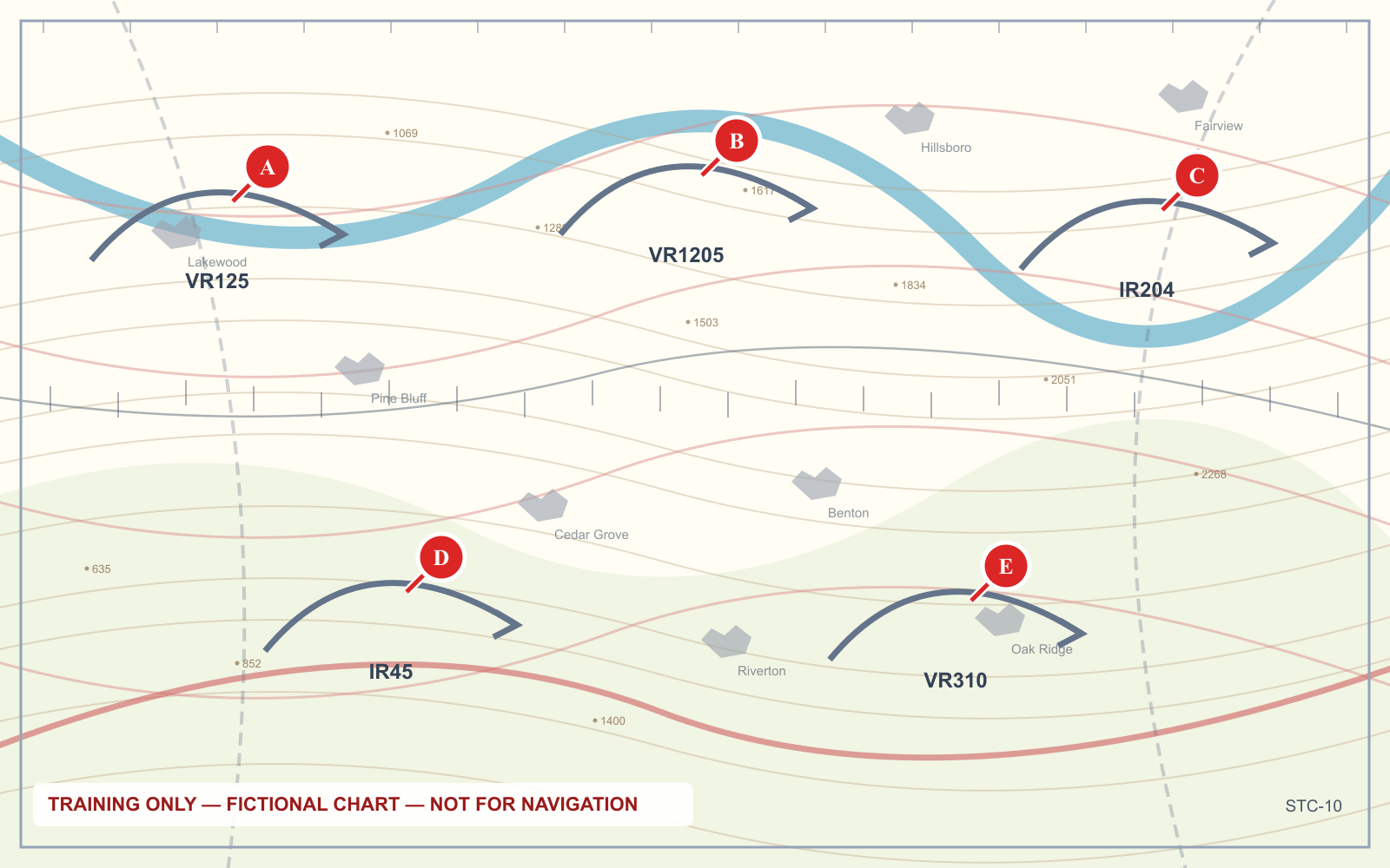 A training chart panel showing military training routes labelled IR204, IR45, VR1205, VR125 and VR310.