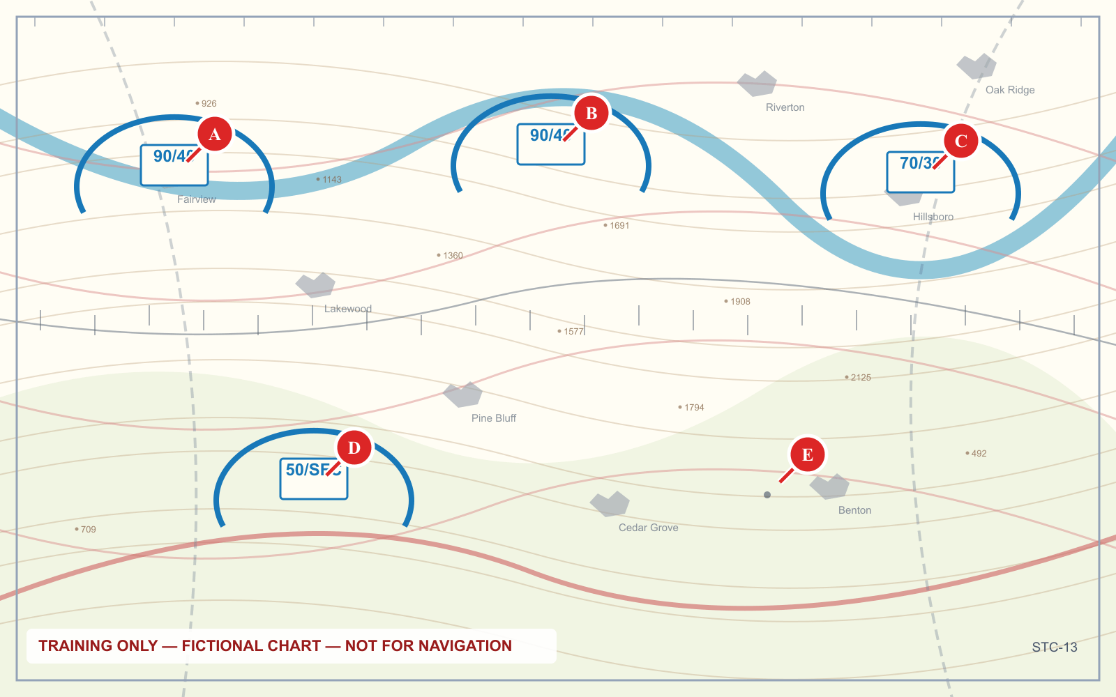 A training chart panel showing concentric Class B shelves at different floors, forming a tiered structure around a central airport, with boxed altitude figures for each ring.