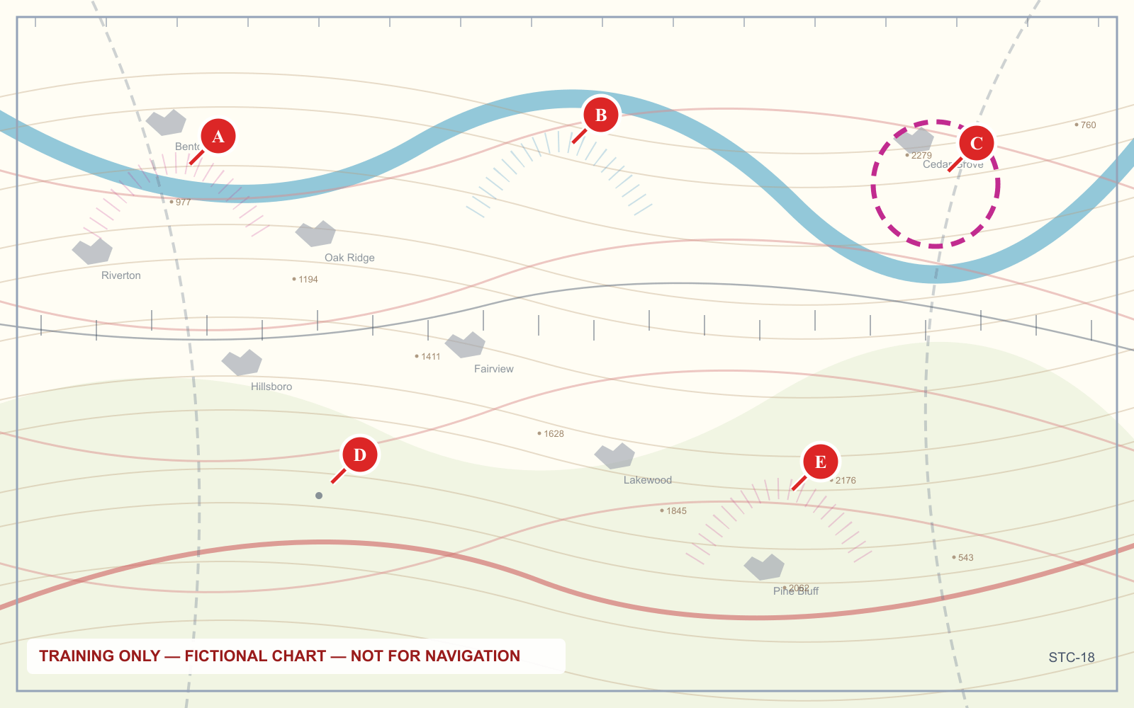A training chart panel showing Class E transition areas with both dashed magenta surface boundaries and faded magenta vignettes.