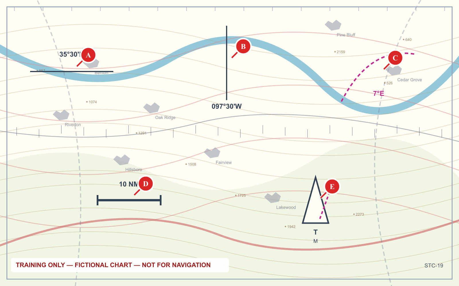 A training chart panel showing latitude and longitude tick marks, a distance scale in nautical miles, and an isogonic line labelled seven degrees east.