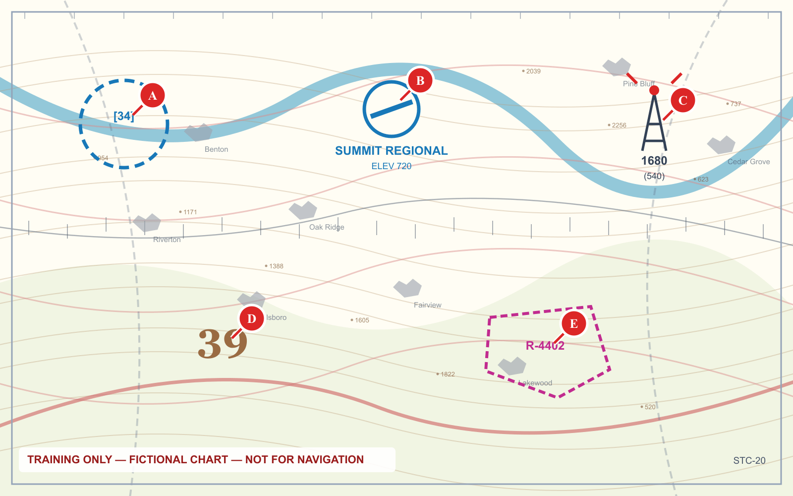 A training sectional chart panel showing an airport, a restricted area, an obstruction, terrain tinting and airspace boundaries together on one page.